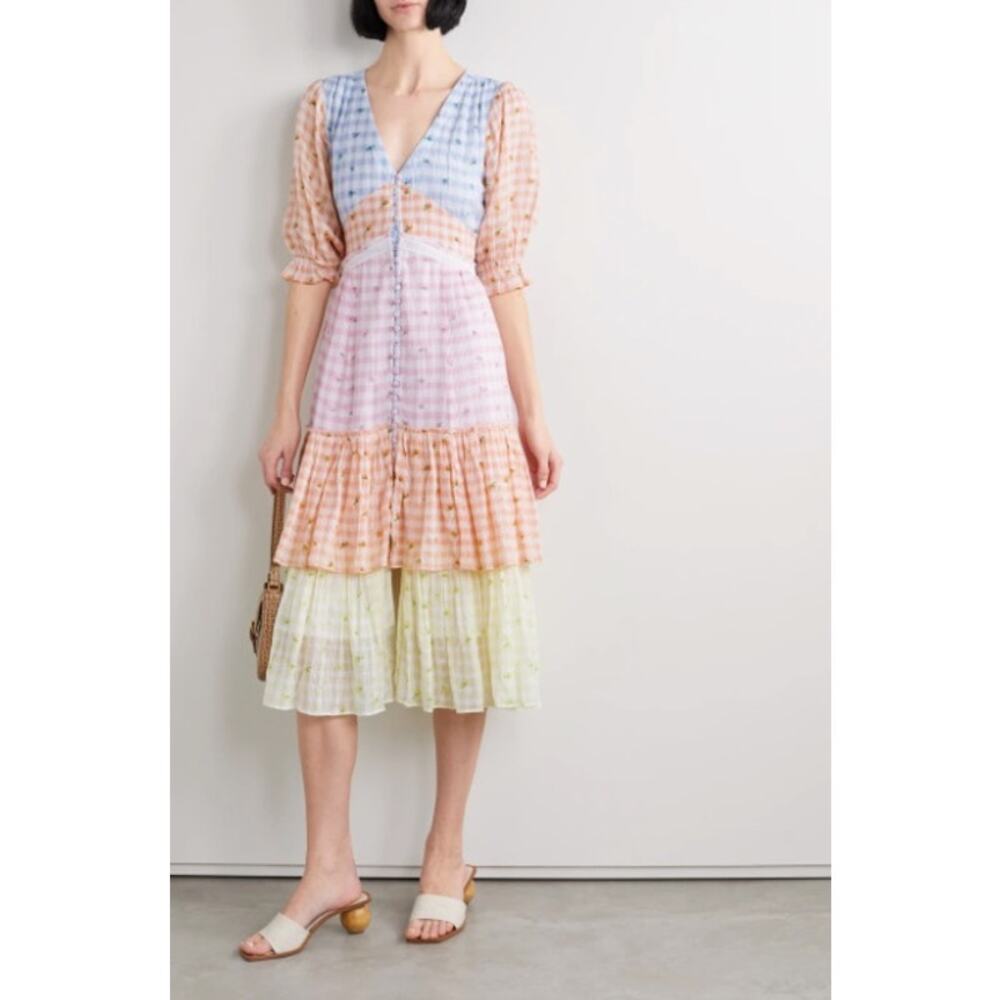 LoveShackFancy Ollie Floral Midi Dress Tiered Cotton Boho Check Size 2